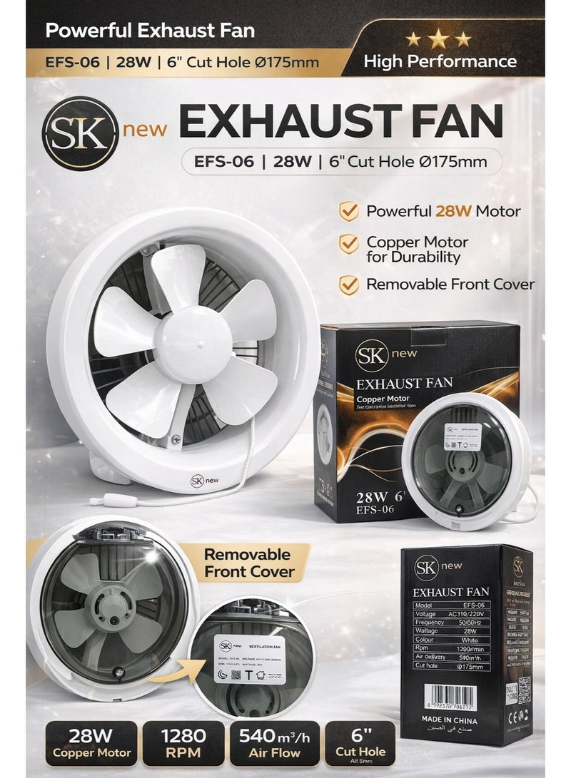 SK 6 Inch Round Exhaust Fan - AC 110V/220V Dual Voltage Support - 15x15 cm - 28W Energy Efficient - High-Speed Ventilation for Kitchen & Bathroom - White Round Ceiling/Wall Fan - Image 3